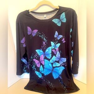 Black butterfly print 3/4 sleeves top size L